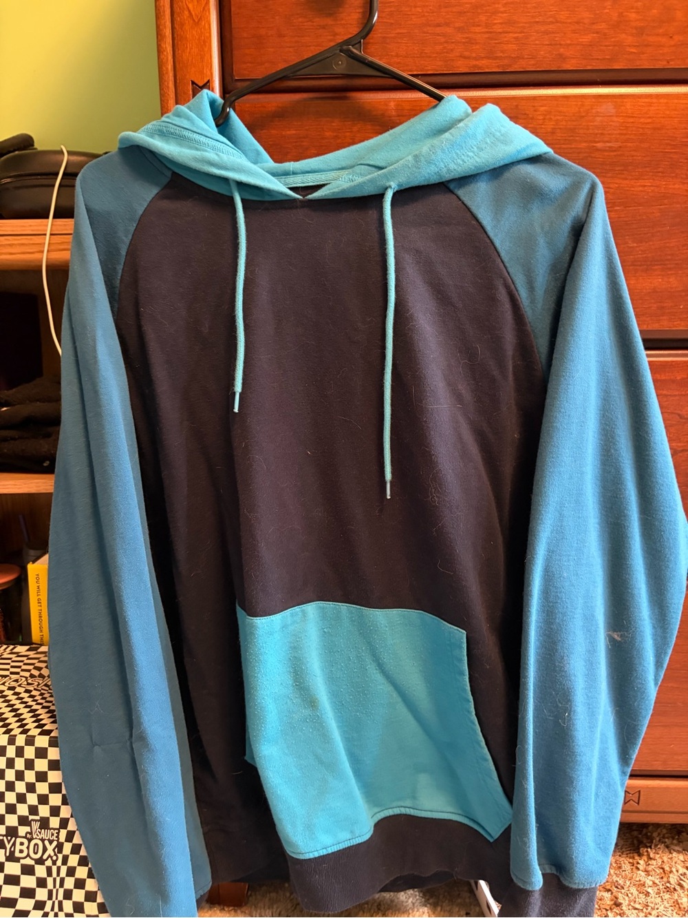 Colorblock Hooded Pullover - Teal and Navy